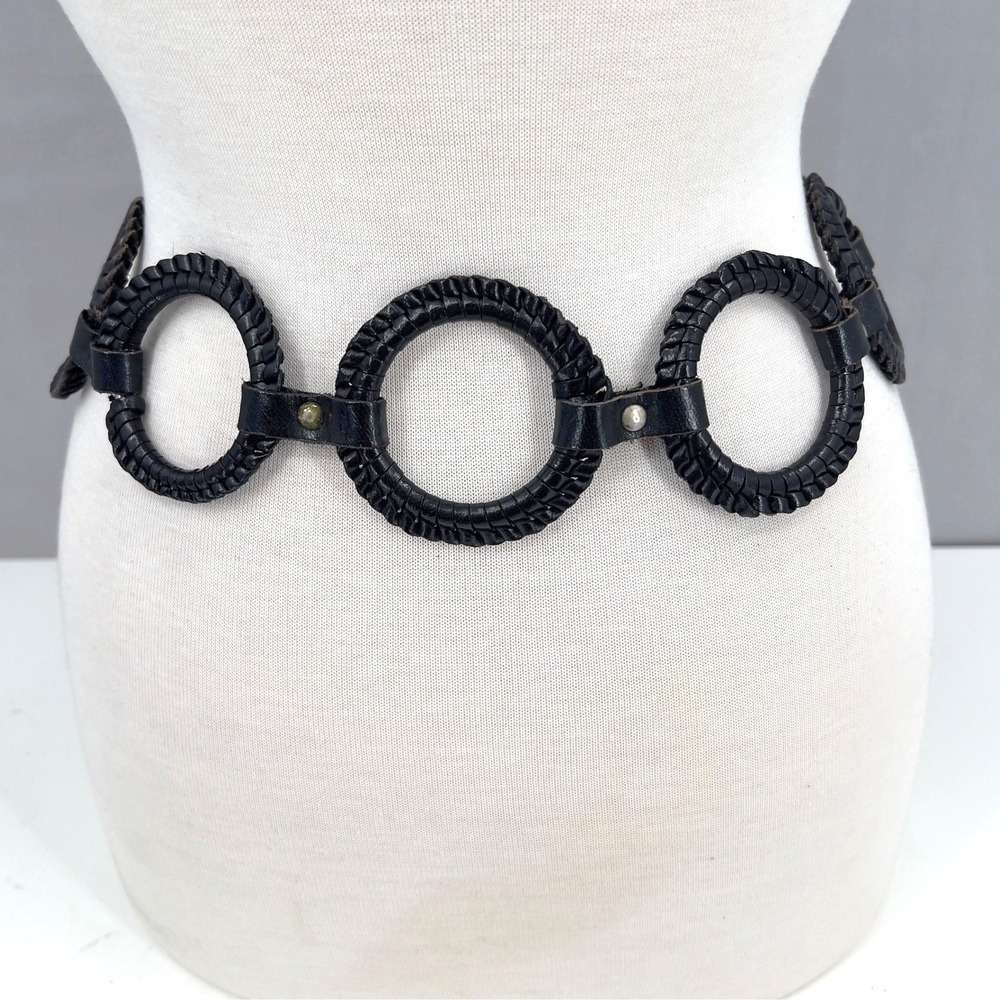 Vintage Y2K Womens Black Leather Braided Ring Link Belt Tassel Tie Front Boho OS - Picture 3 of 4